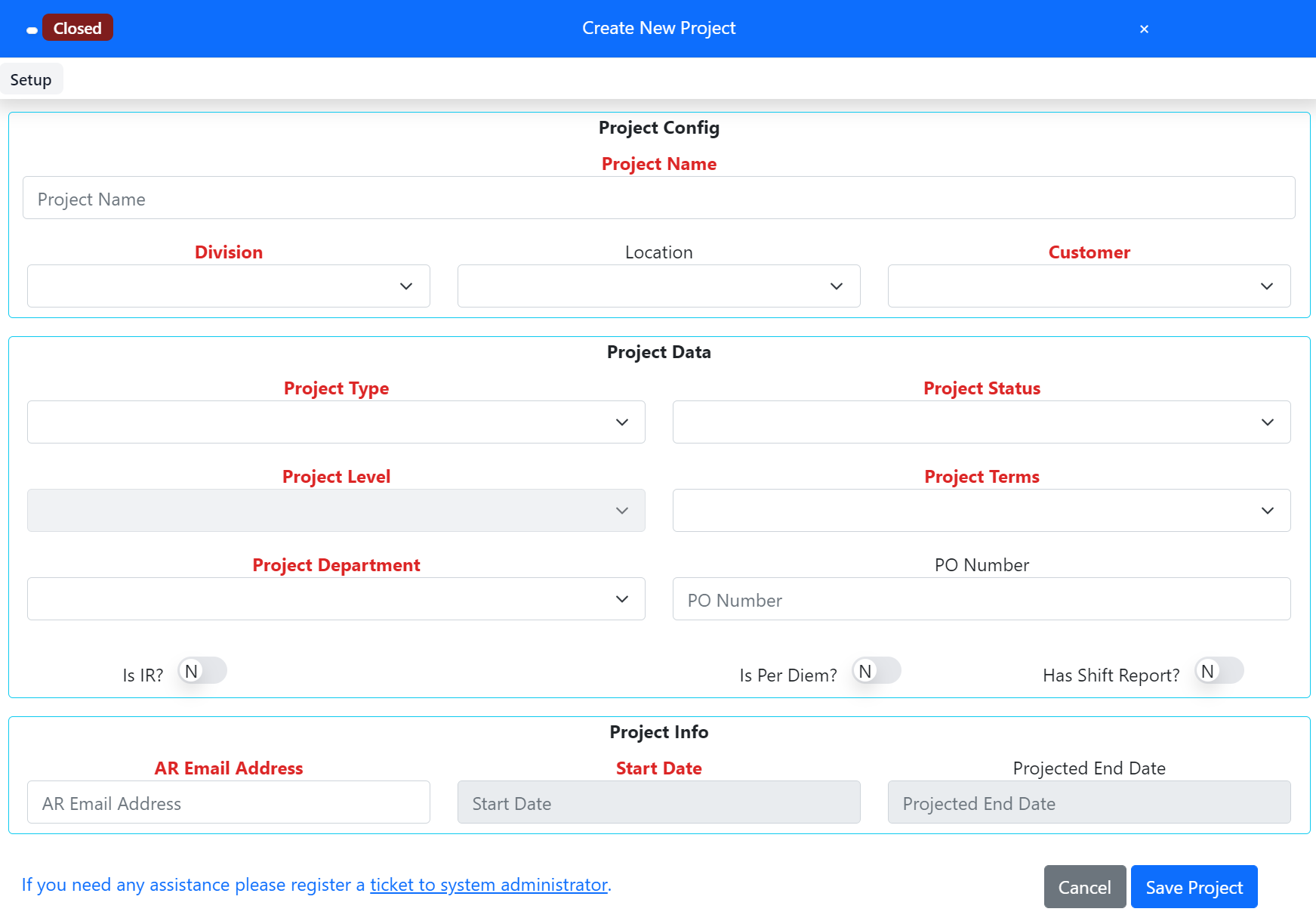 Project Setup Fields