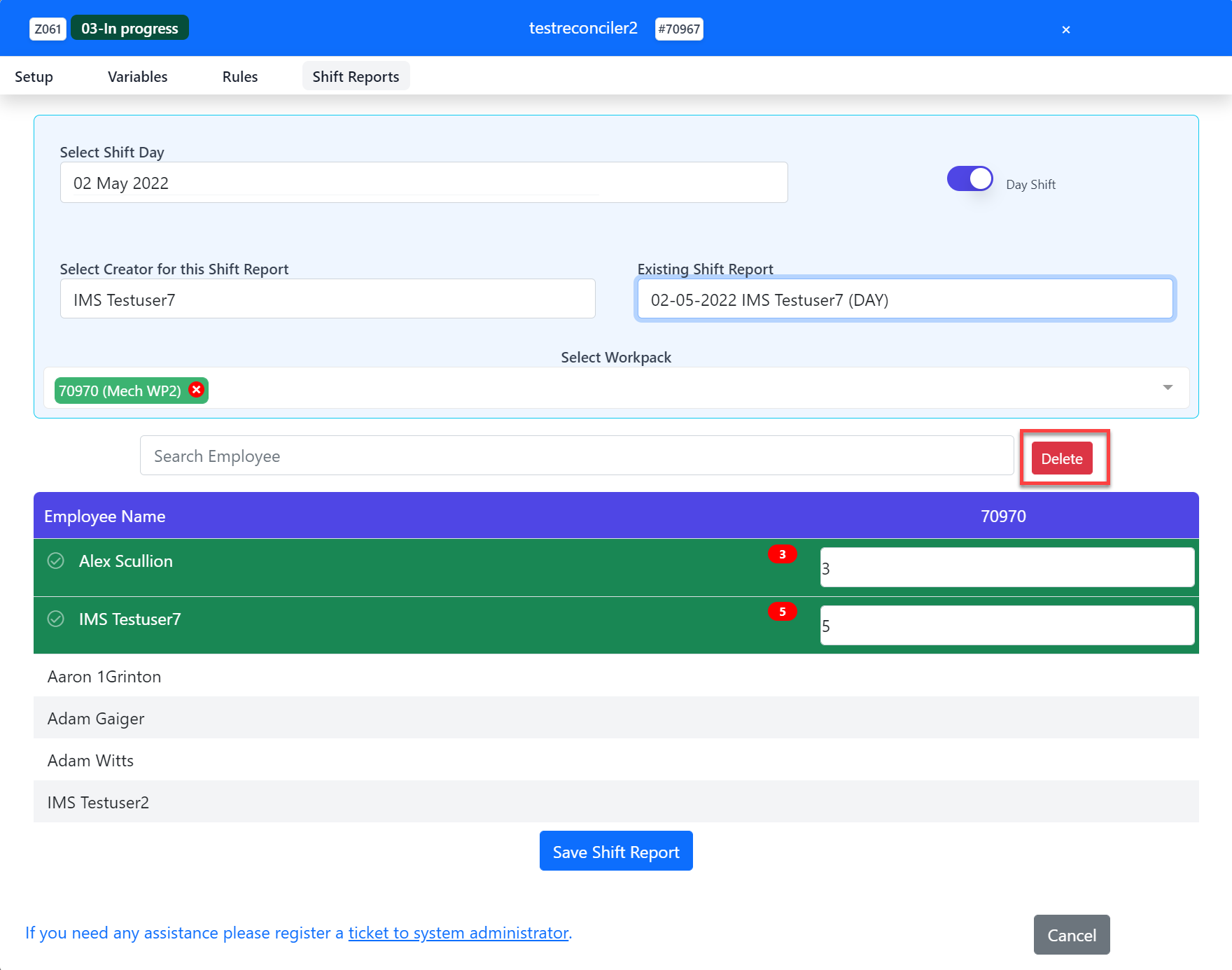 Project Shift Report Delete