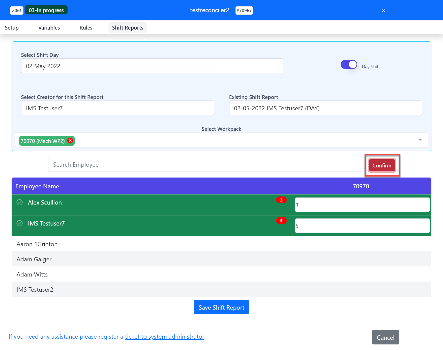 Project Shift Report Confirm Delete