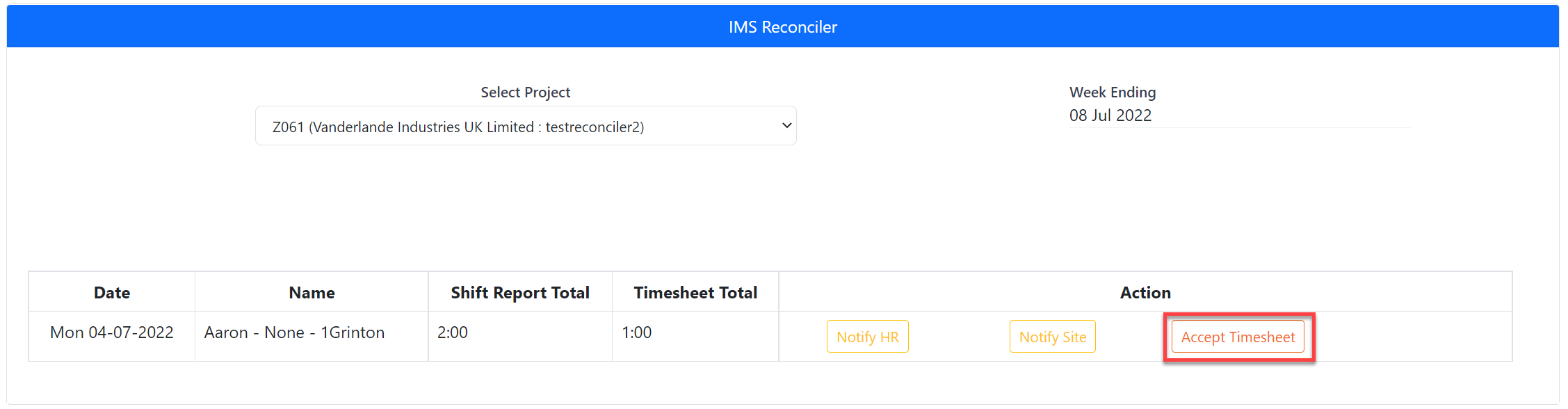 Reconciler Accept Timesheet